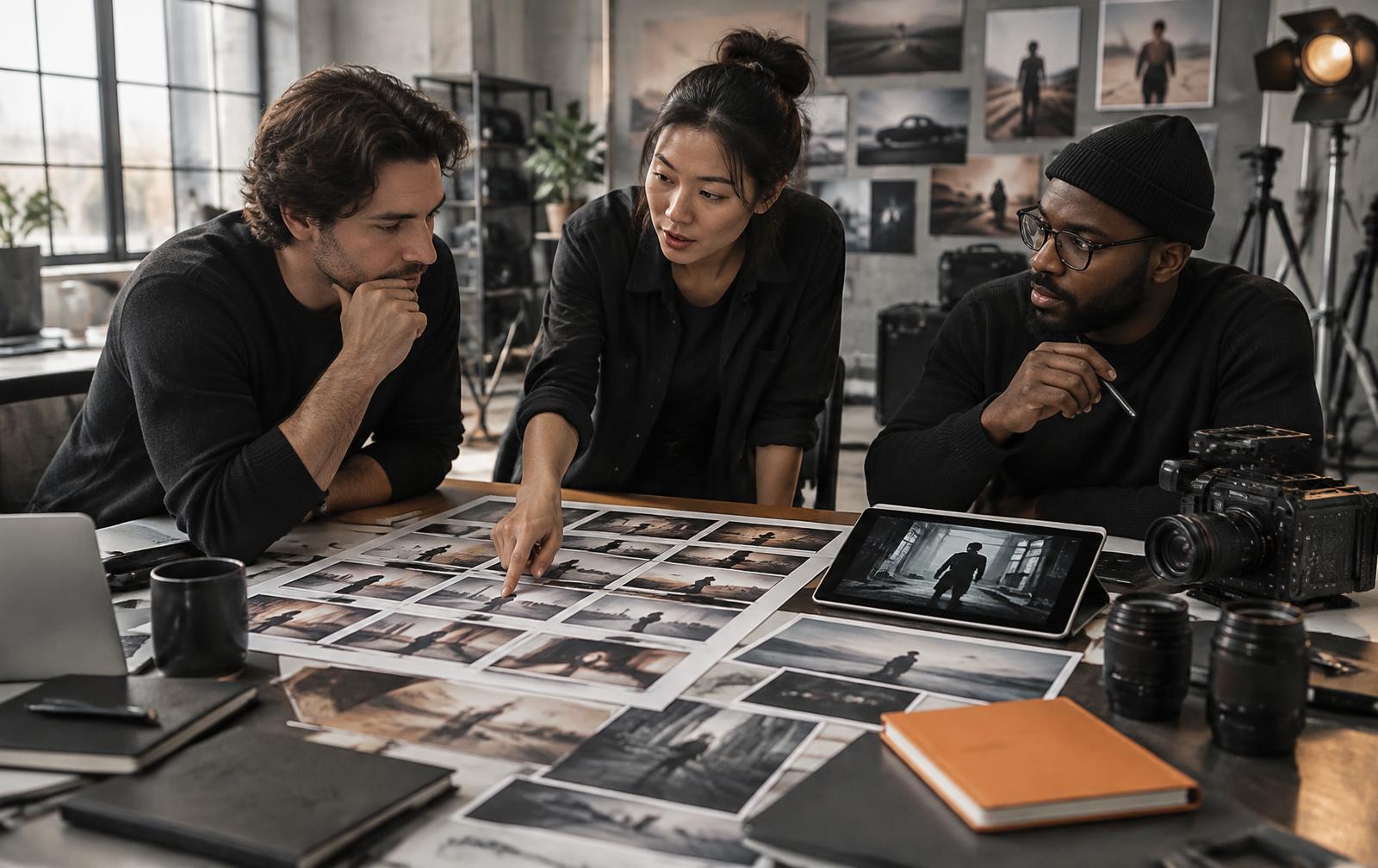 Creative production team reviewing storyboards and planning a commercial film